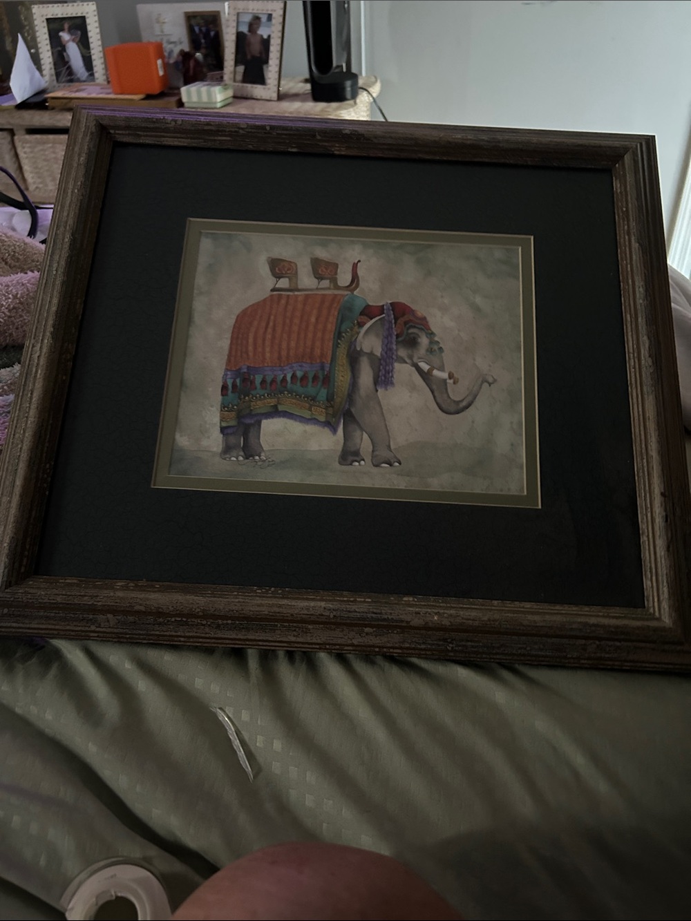 Framed Elephant Art Print with Colorful Textile